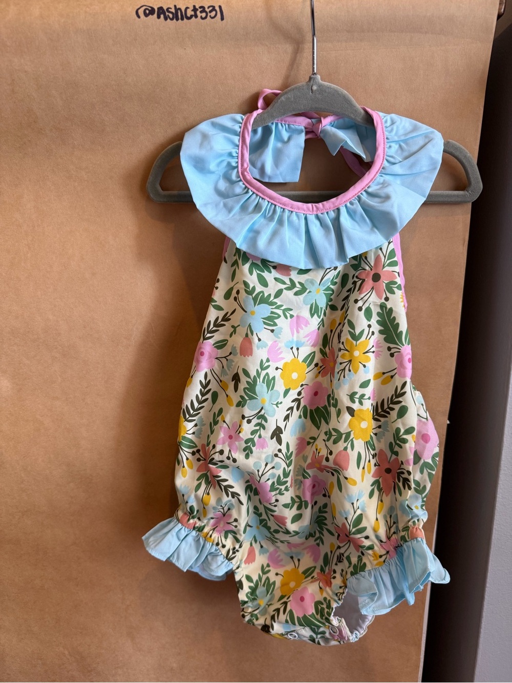 Floral Ruffle Halter Swimsuit - Light Blue Trim